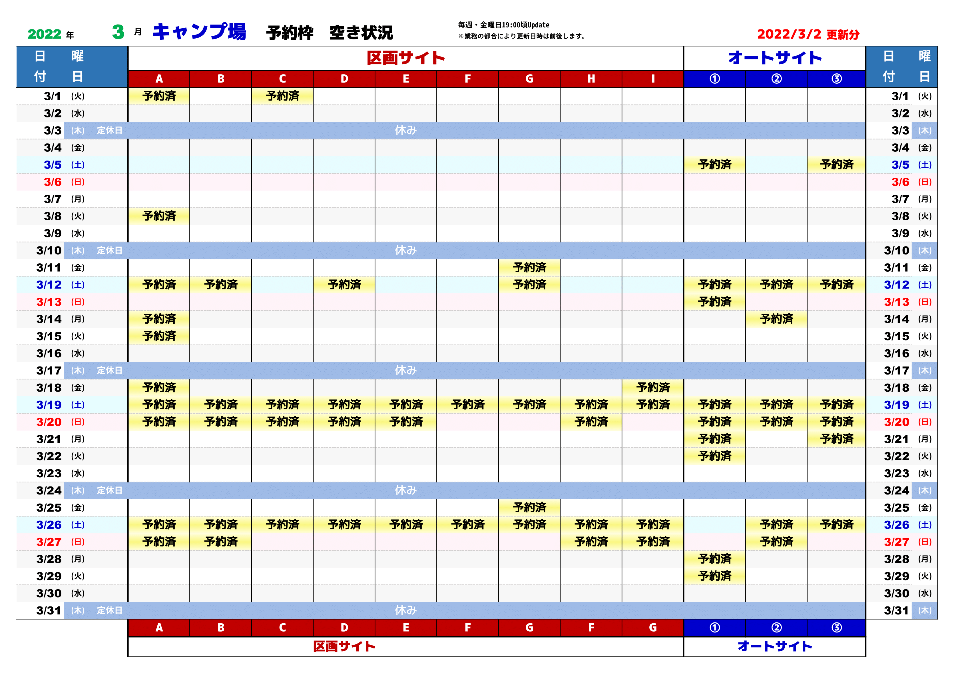 Wataze Outdoor おとなしの郷 今回 ご予約状況の更新にあたって ご要望が多かったゴールデンウイーク 期間のキャンプ コテージの空き状況についても公開させていただきました 3月一杯までgw分はこの形で予約状況をお知らせします T Co