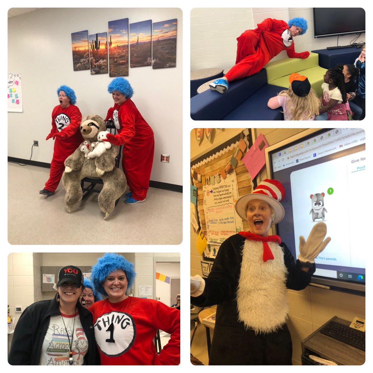 Cat in the Hat, Thing 1 and Thing 2 visited @SycamoreElemen1 today and boy was it a great time had by all!!! They can be a little mischievous! 🤫 Thank you EC Gaston APSO for bringing the fun! #limitless #Leadingtheway <a href="/TCBOE/">Talladega Co Schools</a> #ReadAcrossAmericaWeek