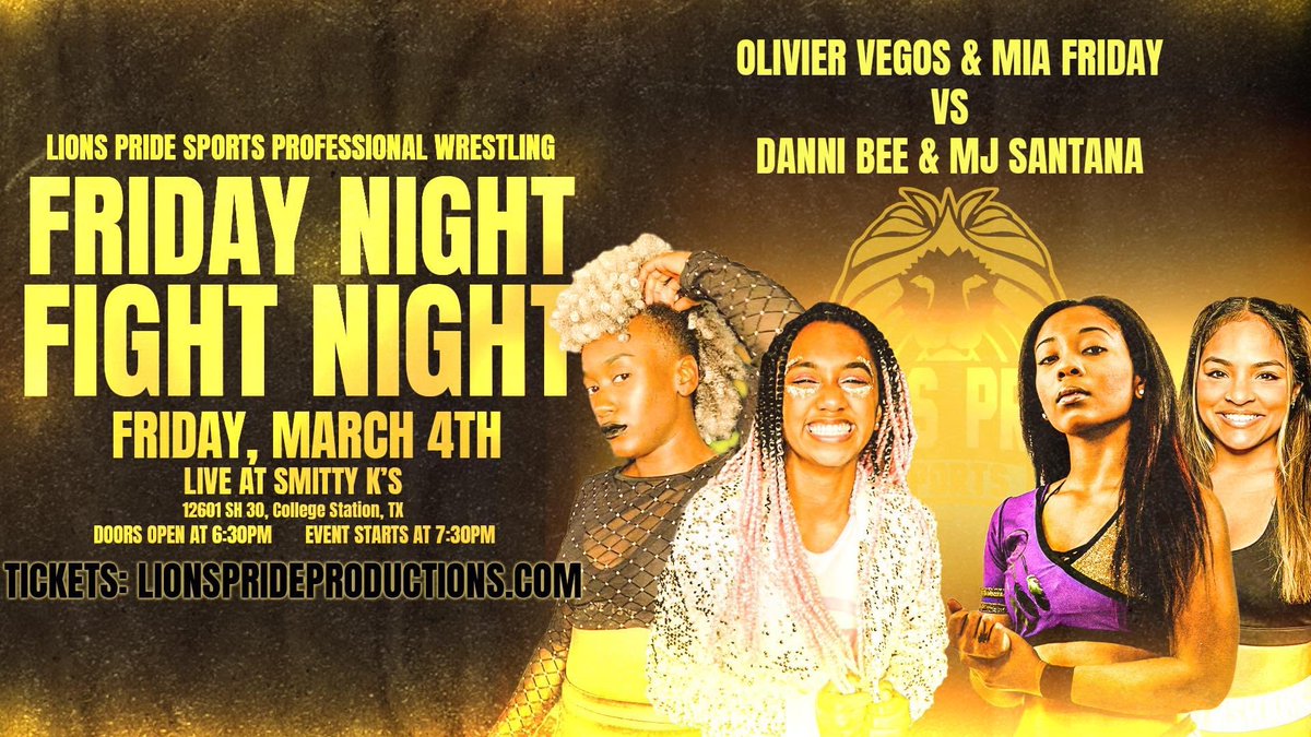 LionsPrideTX's tweet photo. ⚠️⚠️ TAG TEAM ACTION ⚠️⚠️

@dannibeeokc RETURNS to team with MJ Santana!

AND @oliviervegos DEBUTS in The Pride on the side of @ItsMiaFriday!

#LPSFightNight 

TICKETS: 

https://t.co/39teWpJCRG https://t.co/IVT7oEyjSz