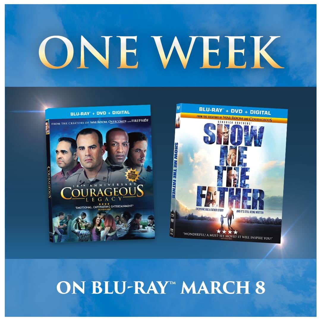 In ONE WEEK, #CourageousLegacy and #ShowMeTheFather both arrive on Blu-ray! Get them Now on Digital and DVD: courageousthemovie.com &amp; showmethefathermovie.com