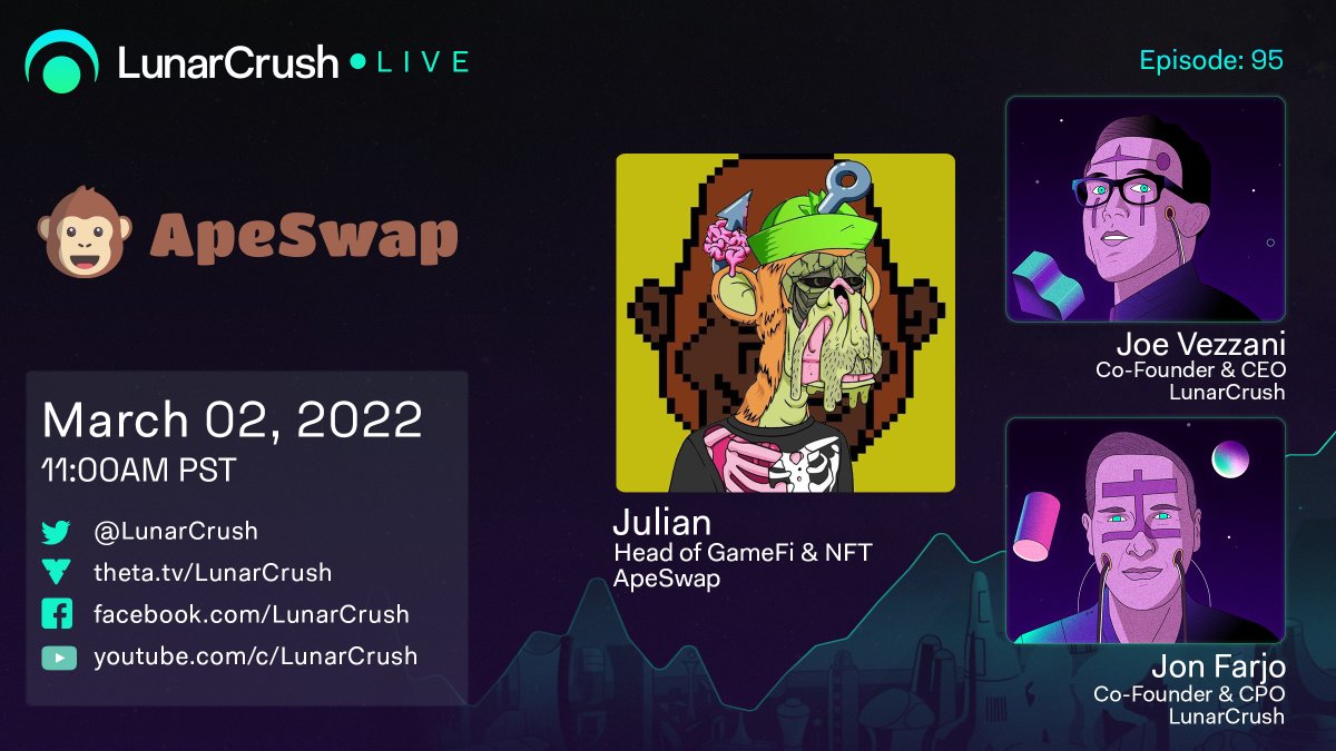 🗓️MARCH 2, 2022 
🕚11AM PST

Join us for an exciting LunarCrush Live! with <a href="/ape_swap/">ApeSwap (old handle)</a>'s Head of #GameFi &amp; #NFT, <a href="/JulianApeSwap/">Julian ApeBond 🍌</a>. We'll be discussing #ApeSwap, the importance of community, and answering your questions!

Live on <a href="/LunarCrush/">LunarCrush Social Analytics</a> and youtube.com/watch?v=EOa0fB…