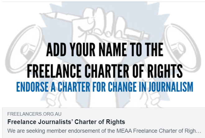 withMEAA's tweet photo. Freelance journalists, photographers, writers, editors, producers, cartoonists and illustrators are standing together to set a floor for pay and conditions to protect quality journalism.
Add your name to the Charter:
https://t.co/W1w7DhaA58
#MEAAmedia https://t.co/oS16x1XjpE