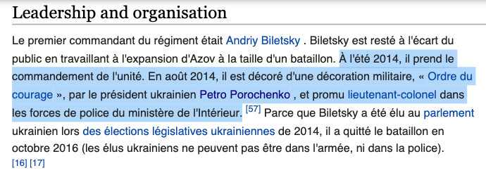 En 2014  #Poroshenko remet une medaille et promeut Andriy Biletsky, le commandant du régiment NEO-NAZI  #Azov. Alors, comment  @BHL peut-il se montrer ainsi avec un soutiens au criminel de guerre NEO-NAZIS du régiment Azov ? https://en.wikipedia.org/wiki/Azov_Battalion#Leadership_and_organisation