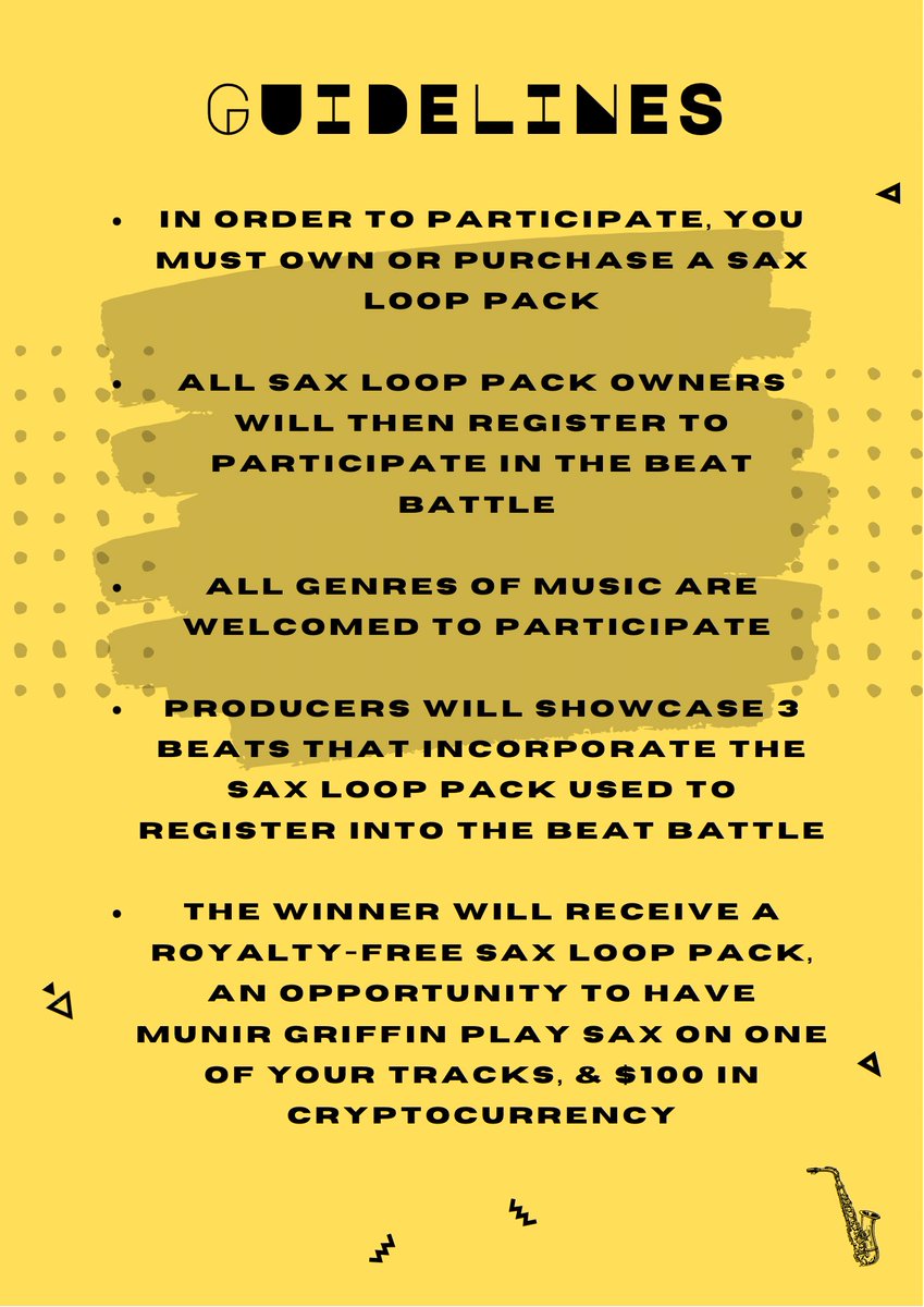 TAG A 🎶 PRODUCER THAT CAN FLIP A SAX LOOP THE BEST?

🚨03/26🚨
$100 BEAT Competition 🎶

Collect/own a sax🎷loop NFT to enter, use that sample pack in the battle, &amp; win $100 or more! For more info,turn on your reminder 🔔
linktr.ee/MunirGriffinSa…

#nftmusic #beats #NFTCommunity