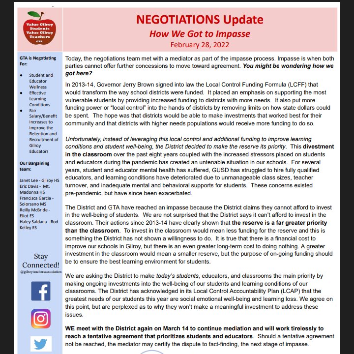 GilroyTeachers's tweet photo. Read our latest negotiations update at https://t.co/rhRUbp6rZI about how we got to impasse. #ValueGilroyStudents #ValueGilroyEducators https://t.co/uIHvNLTeyj