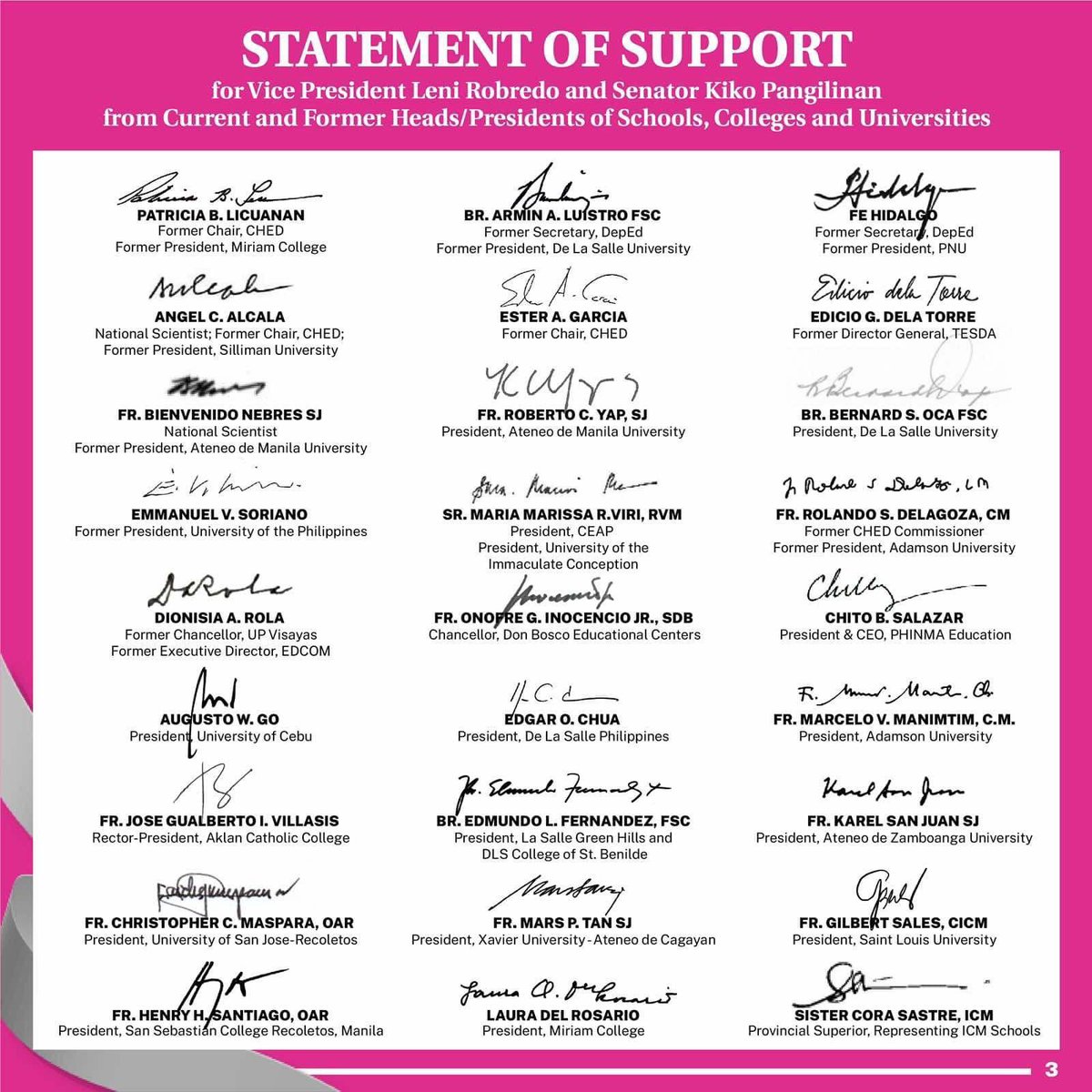 TheGUIDON's tweet image. LOOK: 90 current and former head administrators of schools, colleges, and universities endorse the Robredo-Pangilinan presidential tandem.
Among the signees are University President Roberto Yap, SJ and Vice President for the Loyola Schools Maria Luz Vilches.
#Blueprint2022