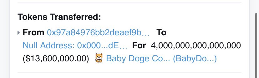 BabyDoge's tweet photo. BSC scan says the burn was worth an estimated $13.6 MILLION 🤯 https://t.co/RUTHE8Cimf