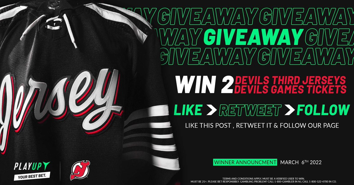 🚨GIVEAWAY 🚨

Win 2 <a href="/NJDevils/">New Jersey Devils</a> tickets and 2 third Jerseys!

•LIKE this post
•RETWEET this post
•FOLLOW us at <a href="/PlayUp_US/">PlayUp USA</a> 

Winner will be announced March 6th

#yourbestbet #Giveaway