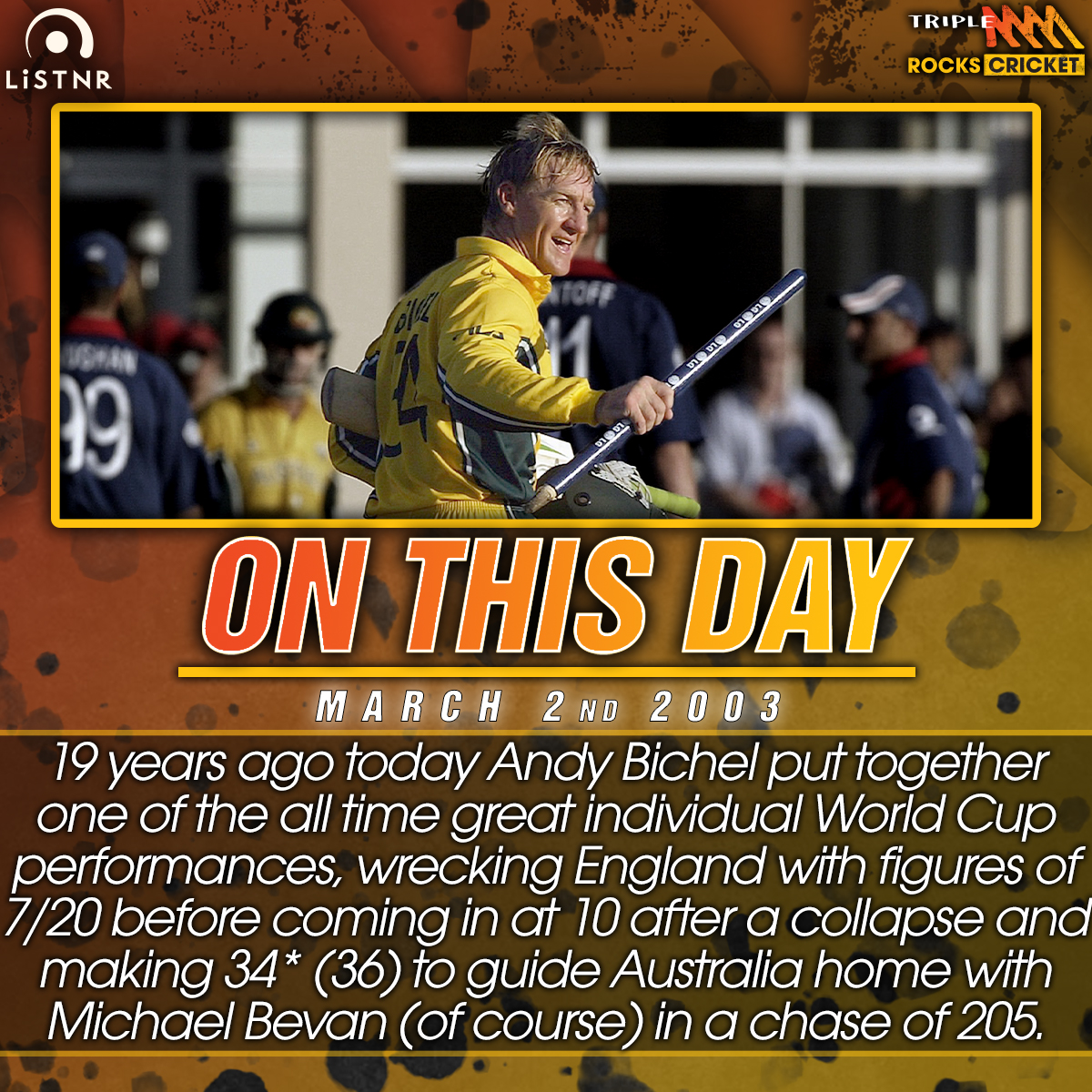 triplemcricket's tweet photo. On this day in 2003, Andy Bichel put up the second best World Cup bowling figures of all time in a group game against England in Port Elizabeth. It was the closest Australia would come to losing a game for the whole World Cup - or the next one in 2007. https://t.co/u4mBxQFbAv