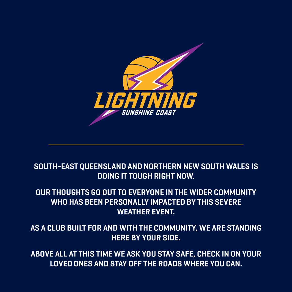 sc_lightning's tweet photo. Our thoughts are with our Lightning family, netball and sporting organisations and the wider community who have been impacted. Please stay safe. 

If you have the means to do so, you may choose to donate to the @RedCrossAU Floods Appeal https://t.co/ENG1ql4aNn

#queenslandfloods https://t.co/WbZzy6OJqI