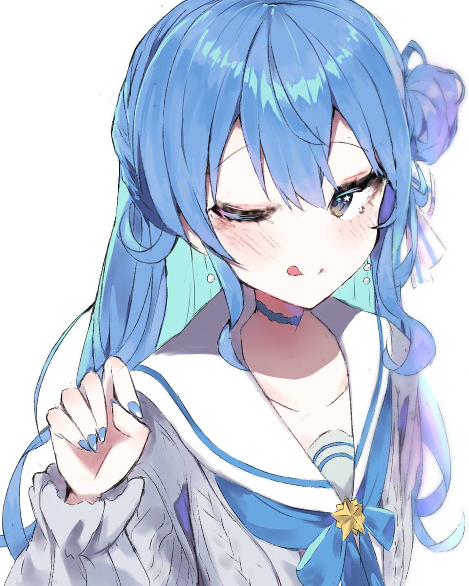 hoshimachi suisei 1girl solo one eye closed blue hair tongue out tongue long hair  illustration images