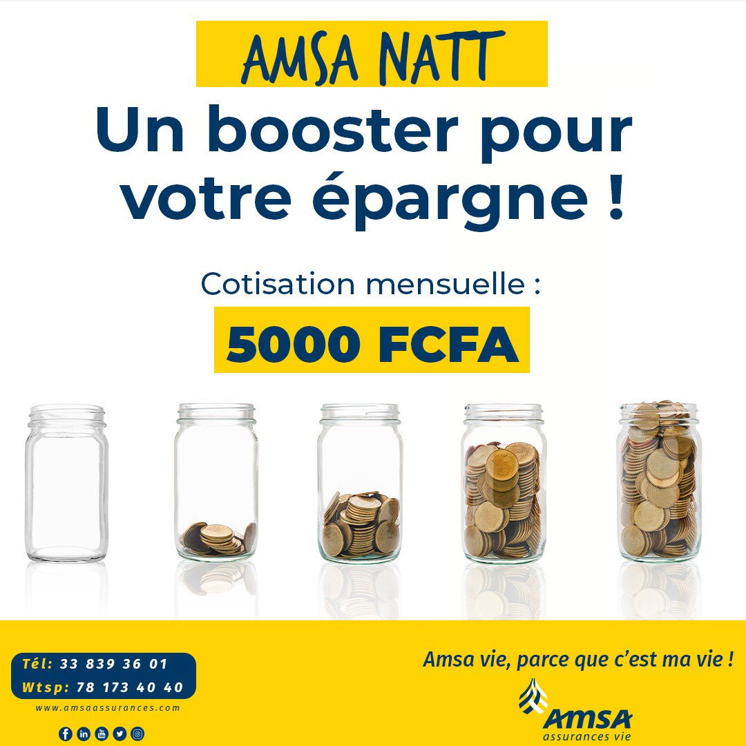 AmsaAssurances's tweet photo. Amsa Natt, l’assurance vi qui vous permet de constituer un capital rapidement et sûrement. 
Si vous aimez les tontines, ce produit d’assurances est fait pour vous.
À partir de 5000 F / Mois 
N’est-ce pas génial ? #Amsa #Amsaassurances #Auto #Senegal #reflexeamsa #AssurancesAuto https://t.co/Sa6N8s0P4m