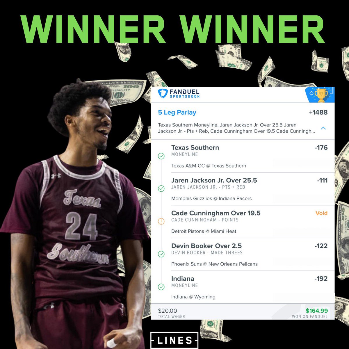 Lines's tweet photo. We wanted to hit the entire slip but we’ll take a W 🤑

🚨SPECIAL GIVEAWAY🚨
We’re giving away 3-days worth of picks for $3! Click the link👇
https://t.co/jQOkP59AnP

#GamblingTwitter | #sportsbettingpicks #MarchMadness https://t.co/SPMBfXKjIr