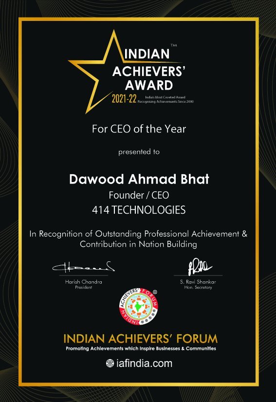 414Technologies's tweet photo. We Congratulate Our Founder / CEO @ErDavoodRaja For Winning The CEO of The Year Award 2021 At IAF.
We Are Thankful To @motherhelpage Team Especially Project Manager of Mother Helpage Who Nominated Our Company &amp; Our CEO In Indian Achievers Awards Forum. https://t.co/0sLjp7NRGW