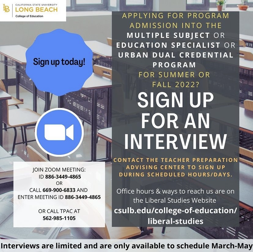 Calling everyone who is applying to the credential program this semester!! If you haven't already, now is the time to schedule your faculty interview. Remember we are always here if you need help!

#csulb #csulbcaminos #caminos #csulbced