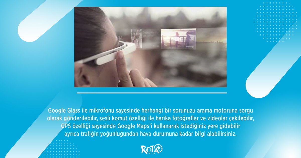 rotaetu's tweet photo. Google firmasının Project Glass (Gözlük Projesi) isimli bir araştırma ve geliştirme projesi olan bu ürün sayesinde görme engelli bireyler sadece sesli komutlar ile bir cep telefonundan karşılayabilecekleri beklentilerini gözlük kullanarak halledebilecekler. https://t.co/vC29XZCg8V