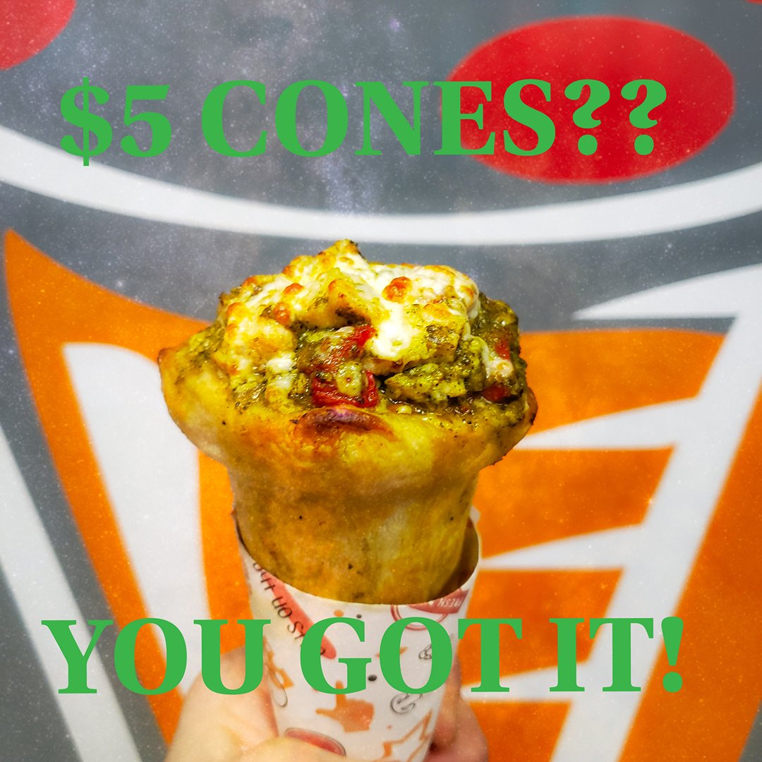 eatkonz's tweet photo. $5 Chicken pesto pizza cones available all day March 17th! Show your St. Patty's Day pride with a delicious pesto cone made with chicken, balsamic onions, peppers and nut free basil pesto!
.
.
#pizzacones #konzpizza #pesto #stpattysday https://t.co/DziHaP0wbN