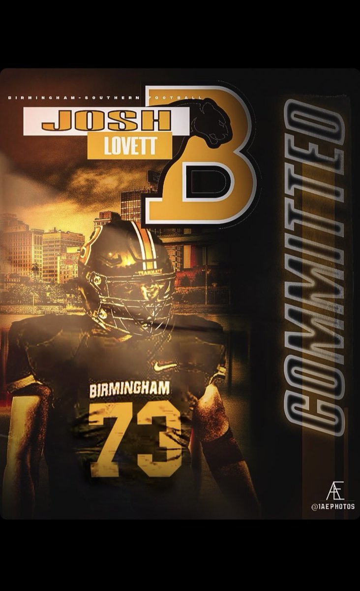 JoshLovett_73's tweet photo. I am very excited to announce that I will be continuing my academic and athletic career at Birmingham Southern College! Thank you to all of my family, friends, coaches and teammates- I would not be where I am today without your support. Go Panthers! 

@BSCFootball @BeardenFB https://t.co/utGNXVsMBr