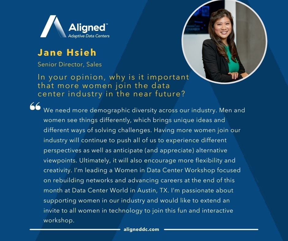aligneddc's tweet image. Meet Jane Hsieh! In addition to her role as Sr. Dir Sales, Jane is an active member of the @afcom Data Center World GenNext Advisory Board &amp;amp; a member of @InfraMason.  She has a passion for learning &amp;amp; supporting women in our industry, &amp;amp; we are fortunate to have her on #TeamAligned