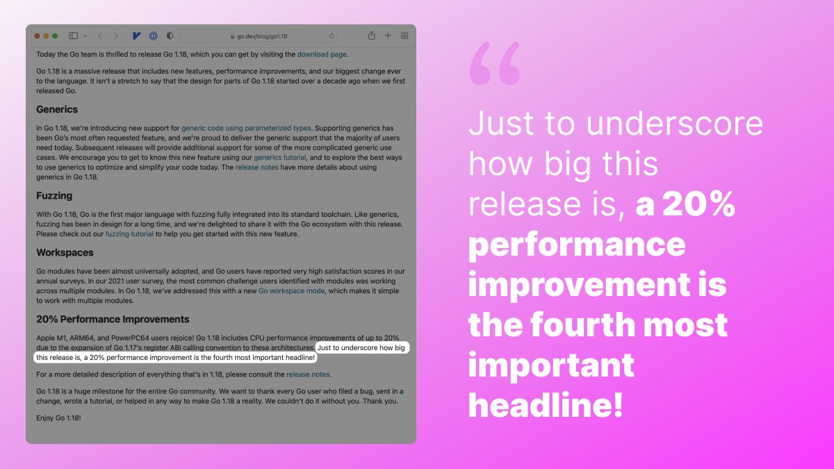 Love seeing release notes with personality 👏go.dev/blog/go1.18

Shout-out to the <a href="/golang/">Go</a> team on an epic release! 🚀