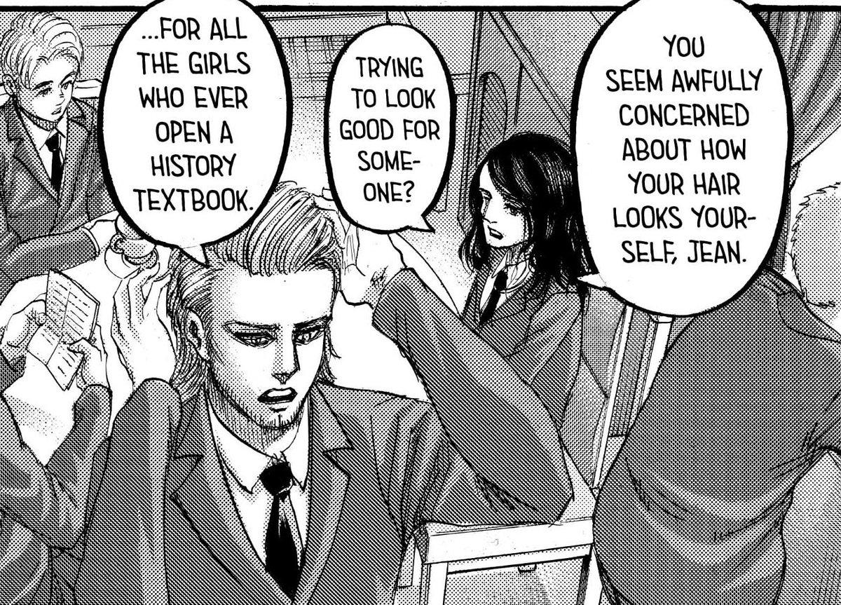 sunnysharl's tweet photo. Pieck knows he’s tryna look good for Mikasa 😂😂 i feel like they’re buddies and she always teases Jean about Mikasa. She’s a Jeankasa supporter 😌✊🏽 https://t.co/1YPqjp7yUC