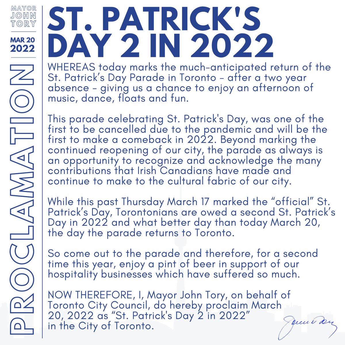 I know people are looking forward to #StPatricksDay tomorrow and supporting our local restaurants and bars!

Encouraging residents to keep the celebrations going by proclaiming this Sunday as St. Patrick's Day 2 in 2022 to go alongside the return of the #StPatricksDayParade.