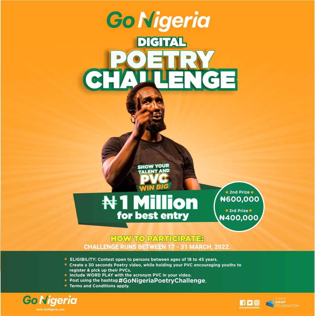 anapfoundation's tweet image. GoNigeria Digital Poetry Challenge for Youths - One Million Naira Up for Grabs

Participate by creating a 30 seconds poetry video while holding or displaying your PVC ..... #GoNigeria #GoNigeriaPoetryChallenge #GetYourPVC

Read more onlinepikin.com/world-poetry-d…