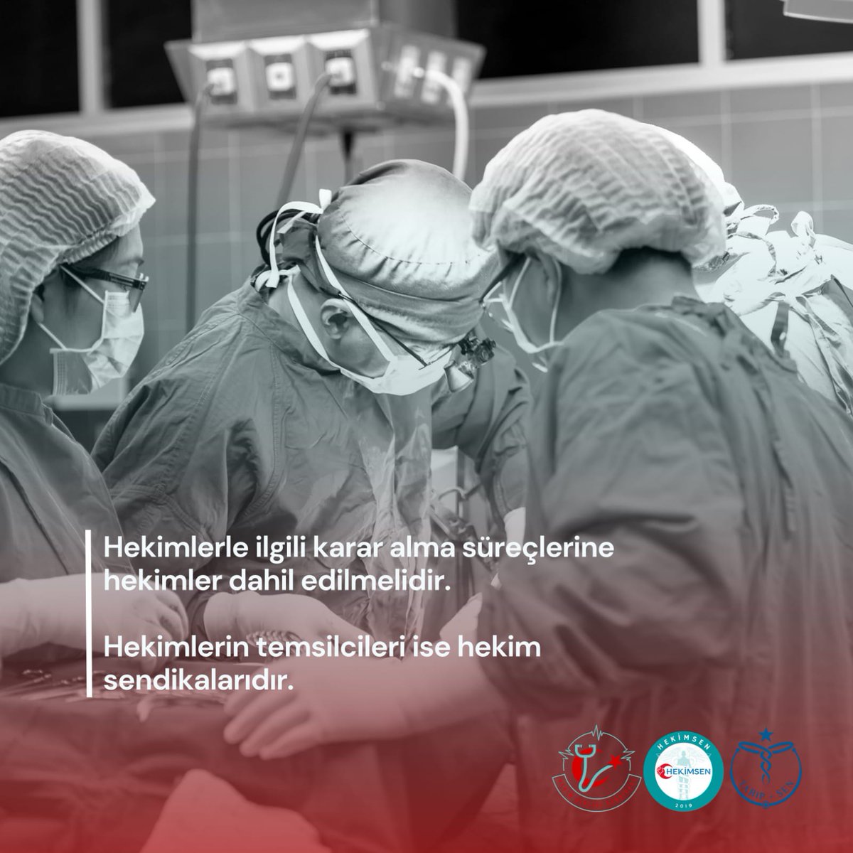 Hekim sorunları Sağlık Bakanlığı'nın tamamen hekimlerden oluşan komisyonlarla görüşmesi sonucu çözülmelidir.
Başka meslek gruplarının temsiliyetini kabul etmiyoruz! 
<a href="/hekimsen/">Hekimsen</a> <a href="/hekim_birligi/">Hekim Birliği</a> 
#MuhattabınızHekimSendikaları