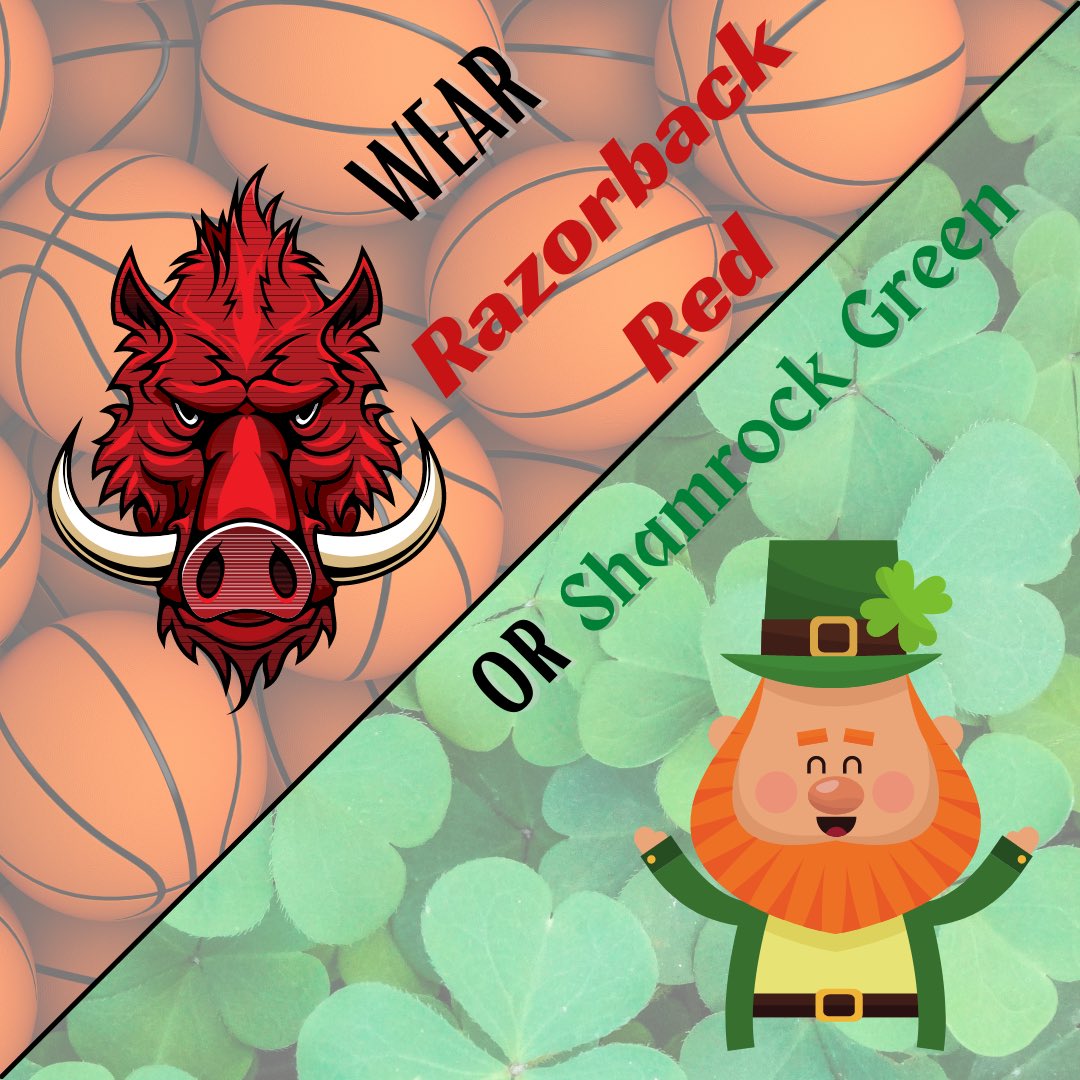 Tomorrow, let’s wish the Hogs a wee bit ‘o luck by wearing Razorback red or shamrock green! 🍀🐗🏀🍀 #gohogsgo #SaintPatricksDay <a href="/RazorbackMBB/">Arkansas Razorbacks Men’s Basketball 🐗</a> <a href="/EricPMusselman/">Eric Musselman</a> <a href="/MarchMadnessMBB/">NCAA March Madness</a>