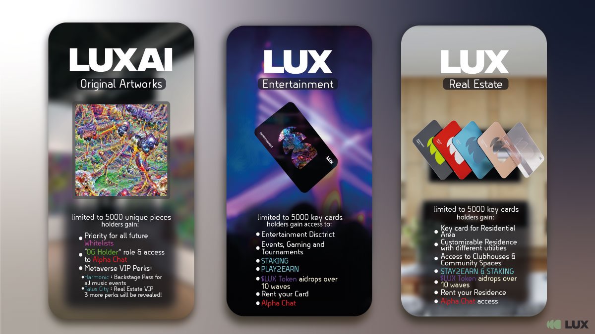 weareLUX_space's tweet photo. Did you know...staking is going live in the coming days?? 😃

🥩Stake &amp; Earn more $LUX per week
🥩Stake LUX Entertainment and Real Estate NFTs
🥩Higher the tier higher the $LUX earnings per week 

$LUX will have many utilities in our metaverse world, IFYKYK 🤝 https://t.co/BnRuX1XoUH