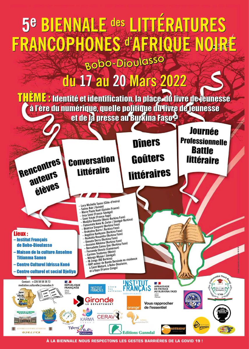 📖 Du 17 au 19 mars, l'IF Bobo accueille la 5e édition de la Biennale des Littératures Francophones d'Afrique Noire de Bobo-Dioulasso pour des rencontres avec le public scolaire et le grand public. 

➡️ Soirée inaugurale jeudi 17 mars à 18H30 / Grande scène (entrée libre)