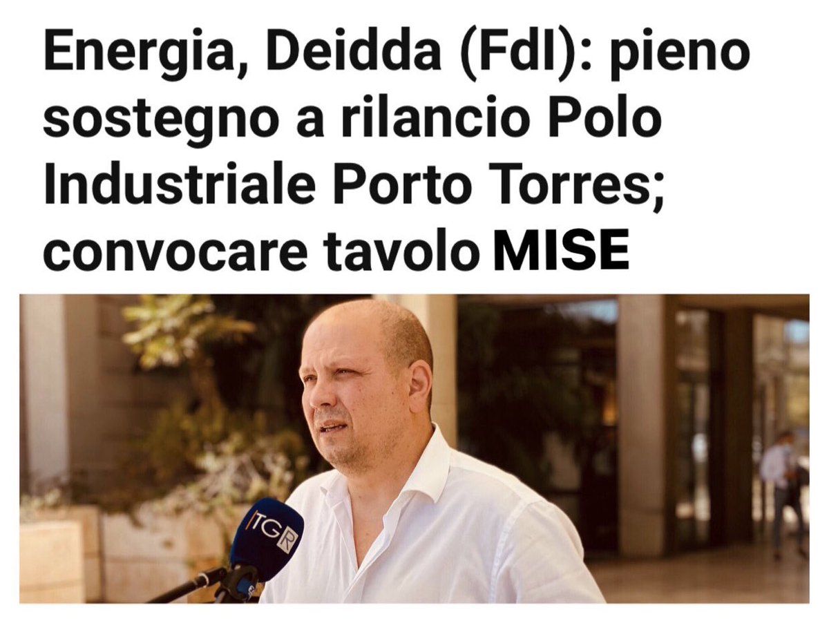 🔴 #Energia, pieno sostegno di <a href="/FratellidItalia/">Fratelli d'Italia 🇮🇹</a> al rilancio del Polo Industriale di #PortoTorres. Convocare subito tavolo MISE.

🗞 bit.ly/3IgF00Y