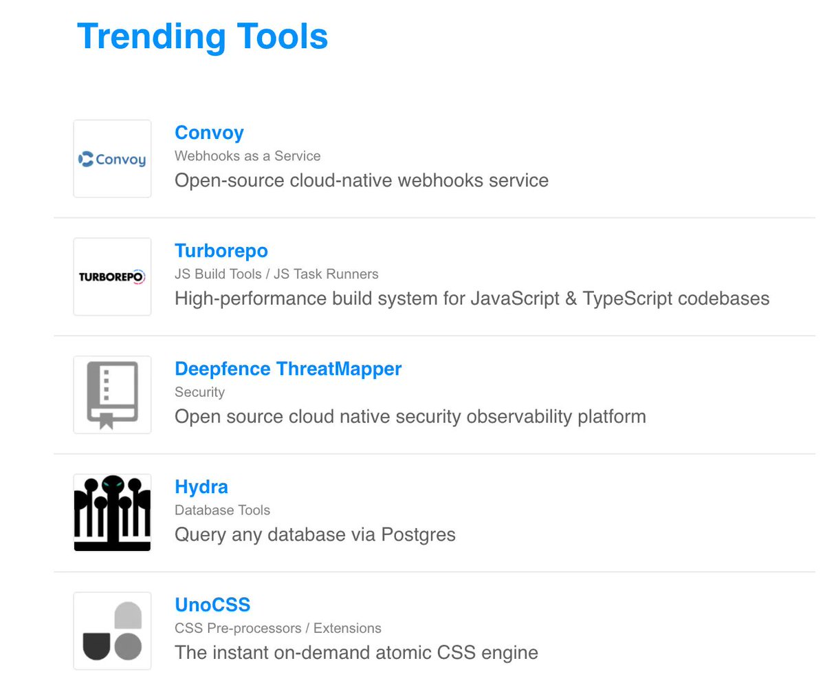 stackshareio's tweet image. 📈 ICYMI: Top 5 New Trending Tools 👇🏾

1. #Convoy
2. @turborepo
3. @deepfence
4. @HydrasCo
5. #UnoCSS (by @antfu7) 

👉🏾 buff.ly/3tXnqtU

🗞  Subscribe to StackShare Weekly: buff.ly/2ITXh8k
