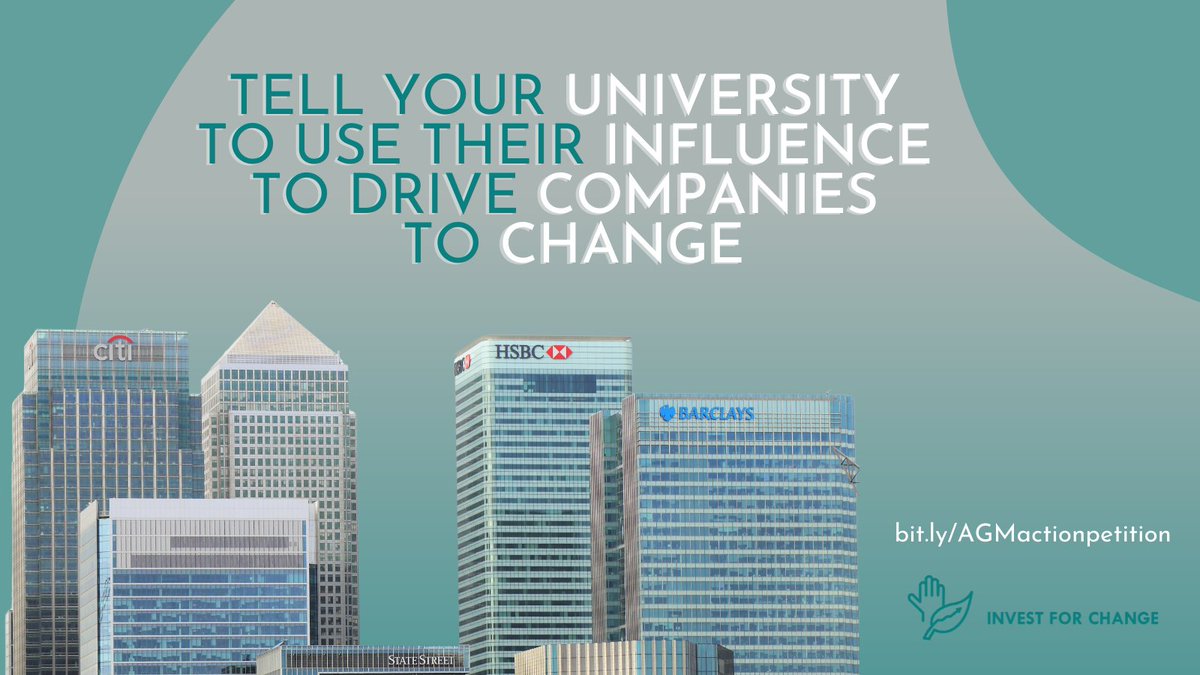 Image of office blocks with overlaying text: 'Tell your university to use their influence to drive companies to change'