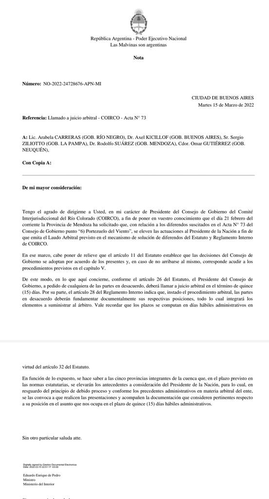 BuddhaTrials's tweet photo. Me acaba de notificar el ministro del Interior, Eduardo de Pedro, quien además es el presidente del Consejo de Gobierno del COIRCO, que da curso a nuestro pedido de laudo y lo remite a Presidencia de la Nación, para obtener el laudo arbitral de @alferdez. https://t.co/iuglpsCUyN