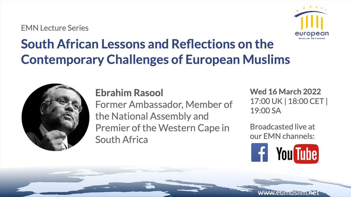EuropeanMuslimN's tweet photo. Join us today! Lecture by Ebrahim Rasool. 17:00 UK/18:00 CET

Facebook link: https://t.co/Y7CiX3rmwk

YouTube Link: https://t.co/N93bljw1WH

#islam #muslims #Europe #SouthAfrica https://t.co/Jn8pKmzXMW