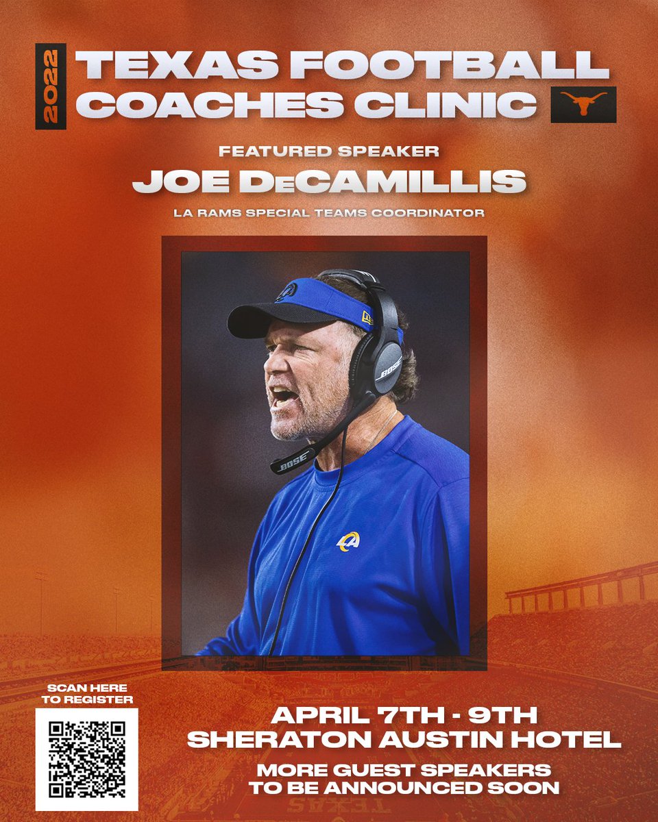 TexasFootball's tweet photo. Our next featured speaker for the 2022 Texas Football Coaches Clinic is @RamsNFL special teams coordinator Joe DeCamillis 🤘

Register: https://t.co/tLEjhkt8X7
Hotel Info: https://t.co/r7S3Q9ADGo https://t.co/XmICzGAX3V