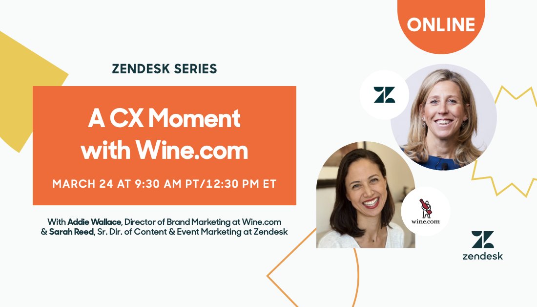 🍷 No two bottles of wine are identical, and the same can be said of customers.

🙋‍♀️ Who: <a href="/Wine_com/">Wine.com</a>'s Addie Wallace &amp; Zendesk's <a href="/stealeyreed/">Sarah Stealey Reed</a>
🎁 What: A live #CXMoment event on customer insights and personalization at scale
💻 Where: zdsk.co/WinedotcomCX