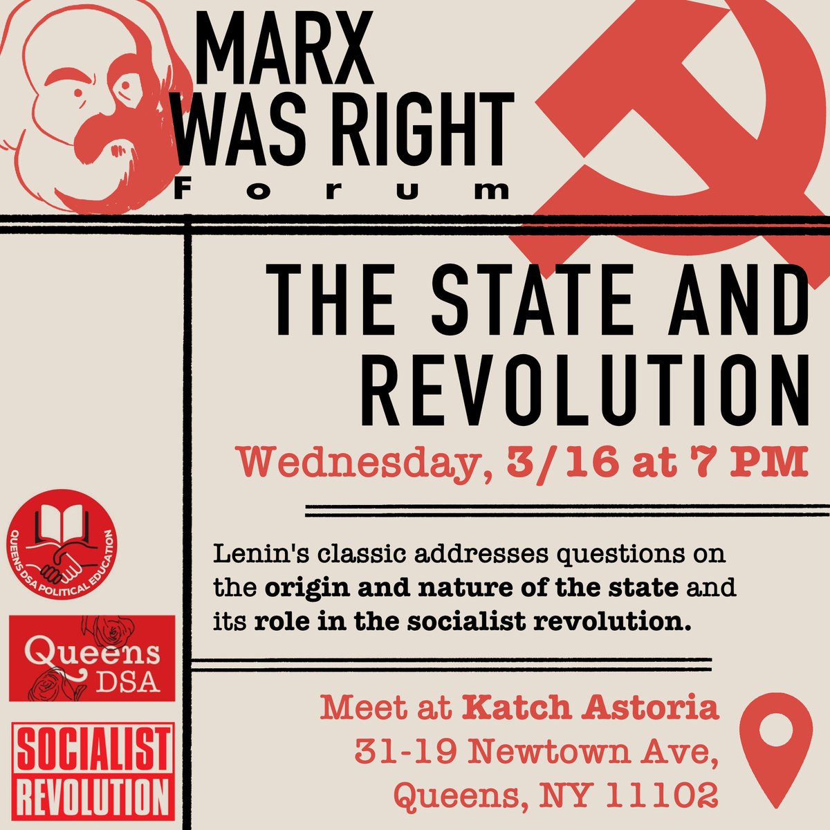 NYCcommunists's tweet photo. Join us tonight at 7PM for our second Marx Was Right Forum in Astoria, Queens! We'll focus on Lenin's classic State and Revolution. Register here: https://t.co/oe1DuOoVF8

We had an energizing discussion with great turnout 2 weeks ago, so don't miss today's meeting! https://t.co/Umn2rfSzeA
