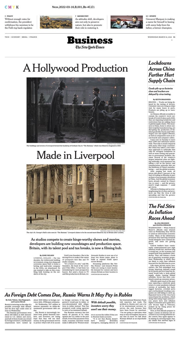 Two stories for the price of one on the front of today's @nytimes business section. A film and TV production boom in the UK and a possible Russian debt default. Truly something for everyone!