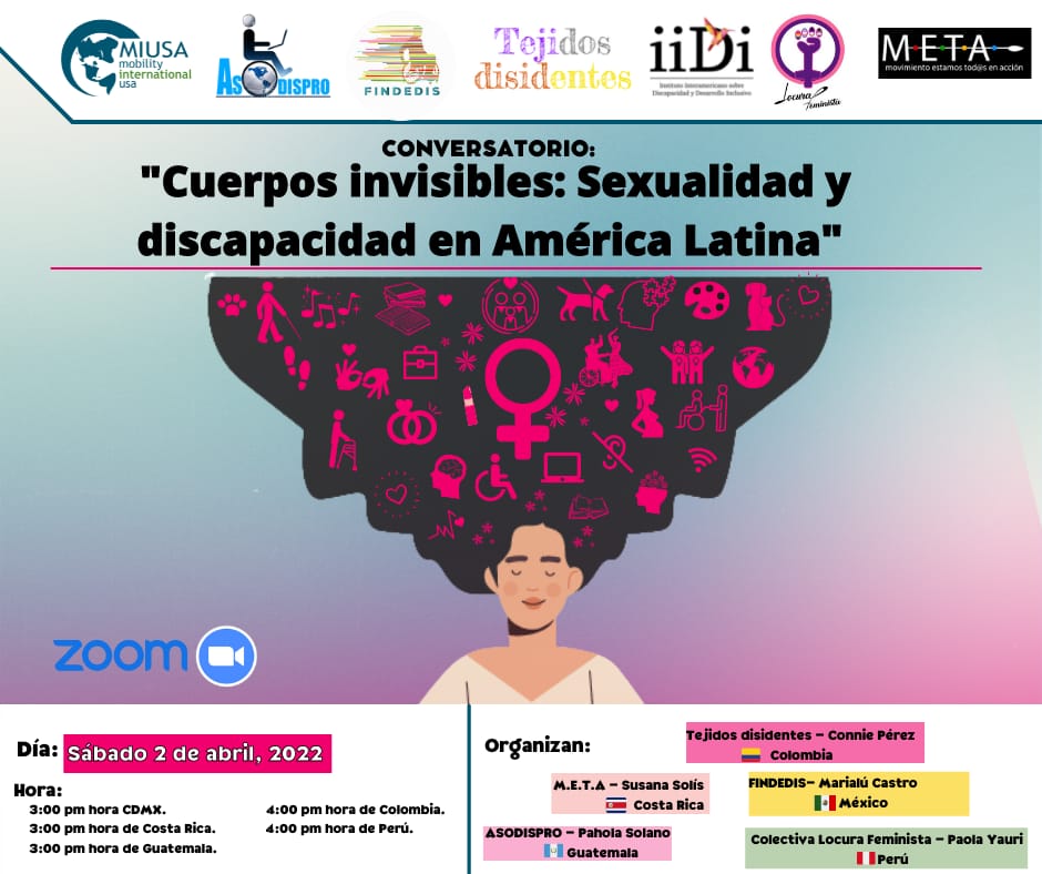 Conversatorio: "Cuerpos invisibles: Sexualidad y discapacidad en América Latina" Día: Sábado 2 de abril, 2022.
Hora: 3 p.m. hora CDMX, 3 p.m. hora de Costa Rica, 3 p.m. hora de Guatemala, 4 p.m. hora de Colombia, 4 p.m. hora de Perú.
Inscripción: forms.gle/MqB1TWLZ2hKqmi…