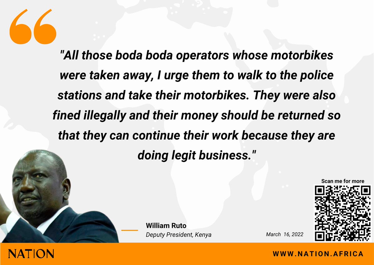 NationAfrica's tweet photo. “All those boda boda operators whose motorbikes were taken away, I urge them to walk to the police stations and take their motorbikes." ~DP Ruto https://t.co/As803I1RyK
