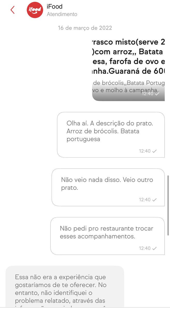 albertowagner's tweet photo. O atendimento do @iFood tá ficando bem ruim. Olha essa conversa abaixo! https://t.co/j3R8IdJTUU