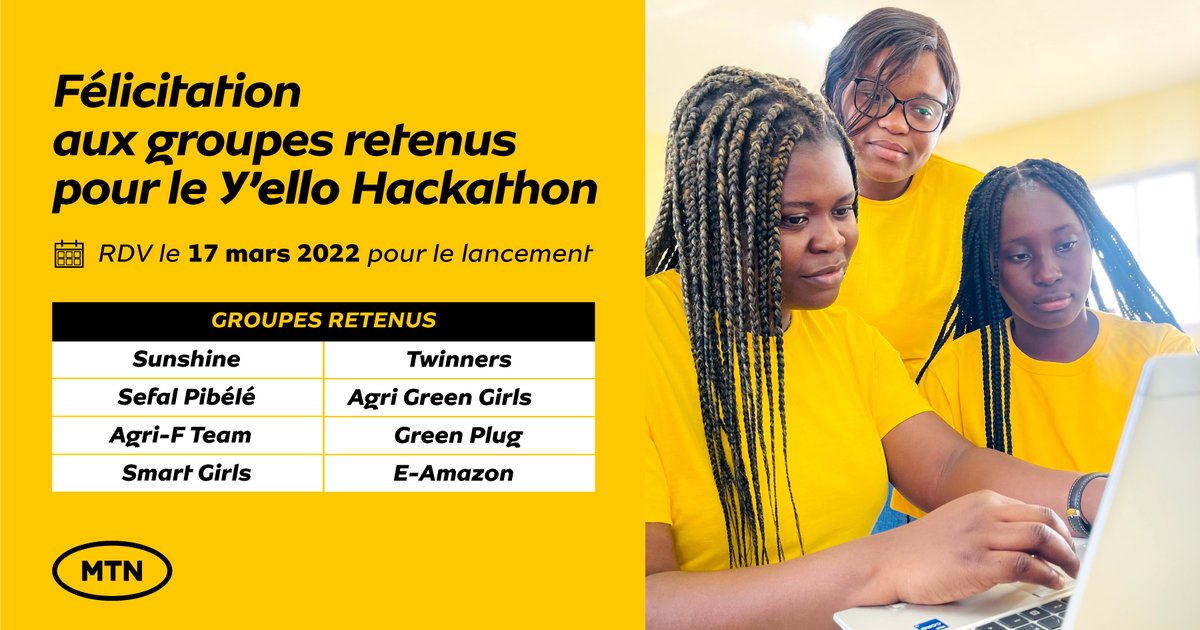MTNCotedIvoire's tweet photo. Félicitations aux candidates retenues pour le Y'ello Hackathon ! 
Rendez-vous demain, le 17 mars pour le lancement.
#YelloHackathon #MTN https://t.co/JN1BBd2vvf