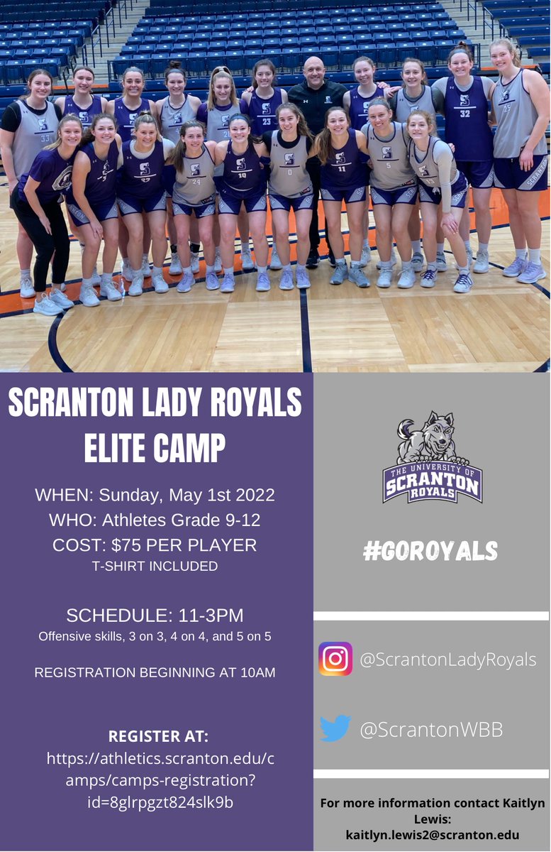 🚨SPRING ELITE CAMP🚨

Join the Lady Royals Sunday May 1st from 11-3pm in the John Long Center!
All Girls Grades 9-12!!

Register at: athletics.scranton.edu/camps/camps-re…

Contact: kaitlyn.lewis2@scranton.edu for more information