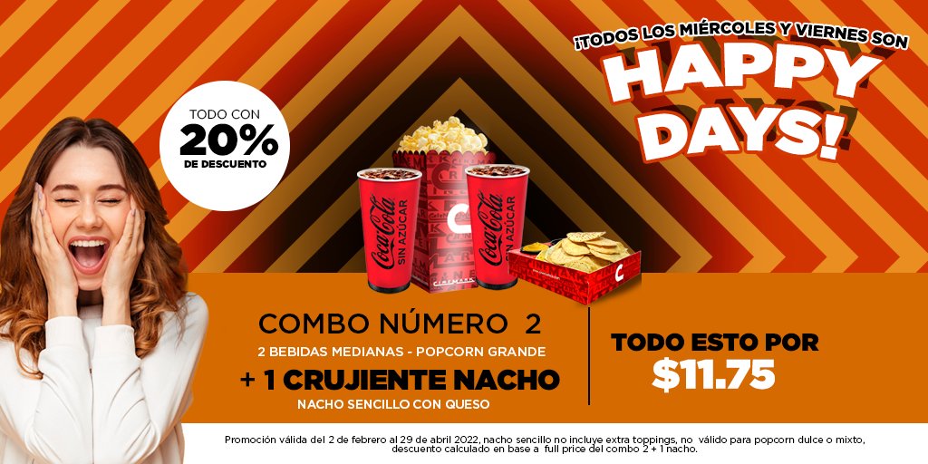 CinemarkSV's tweet photo. ¡Los #HappyDays son perfectos para ti!🍿😍

Todo el sabor del #Combo2 te espera + una orden de crujientes nachos con queso.✨👌 👉¡Todo por $11.75!

*Promoción válida desde el 1 de febrero hasta el 29 de abril de 2022. Válida miércoles y viernes. https://t.co/sTpx8OLoL9