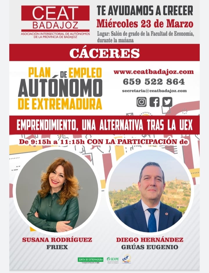 El próximo miércoles 23 de marzo, CEAT Badajoz va a realizar en Cáceres un acto con universitarios, dentro del programa de promoción del Plan del Empleo Autónomo de Extremadura, denominado “Emprendimiento, una alternativa tras la Uex”, encaminado a promover el autoempleo.