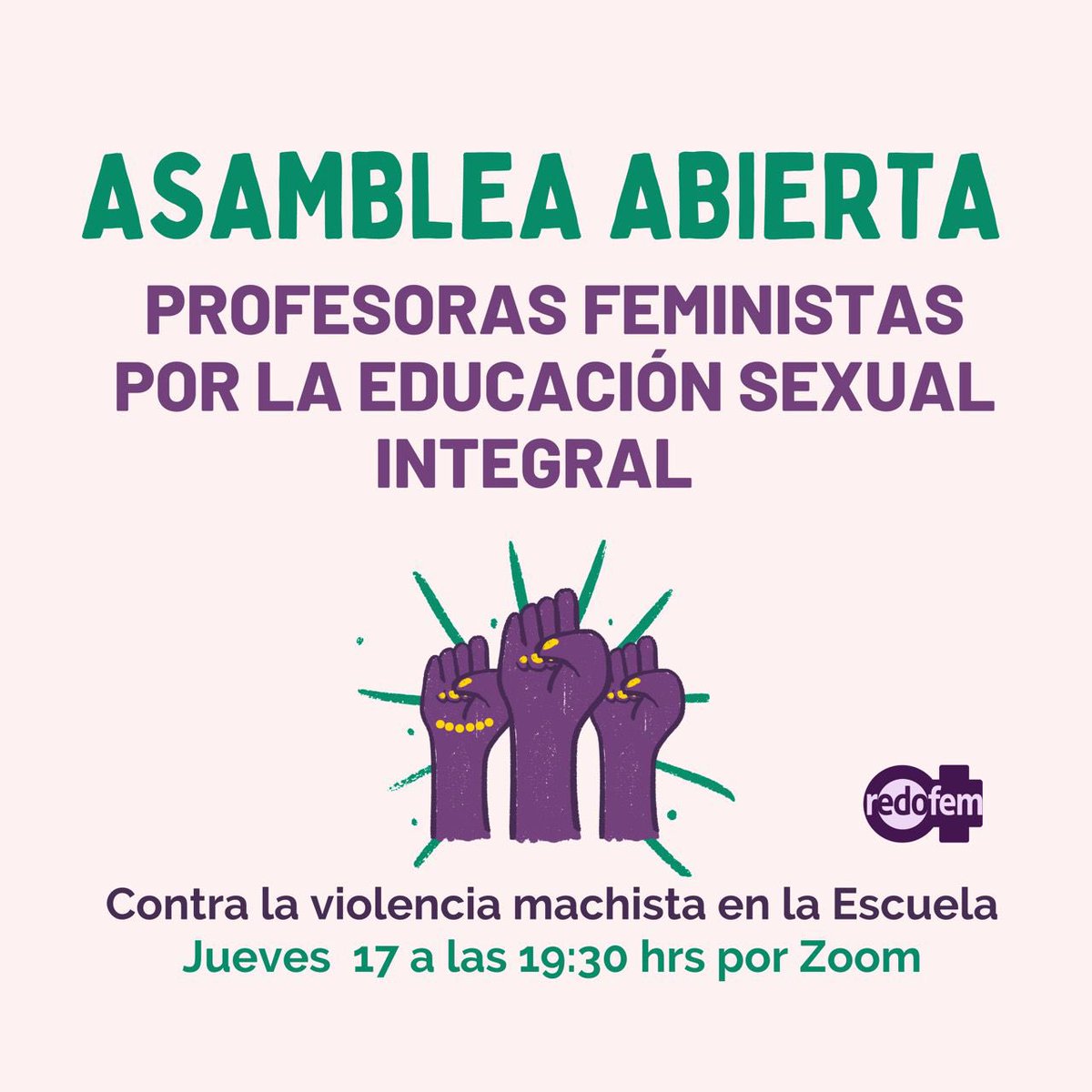 redofem's tweet photo. 🟣 LLAMADO A ASAMBLEA ABIERTA: 

Luego de los hechos ocurridos en el Liceo Lastarria y las urgencias en educación para combatir el machismo, las profesoras feministas tenemos el deber y la responsabilidad de reunirnos. Por lo que hacemos un llamado a asamblea por la ESI. https://t.co/sM9Ne9PZju