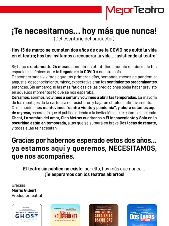 Recuerden el teatro es la mejor experiencia que puedes tener. Y después de 2 años sin teatro...es momento de regresar y regresar más fuertes que nunca. <a href="/mejorteatro/">Mejor Teatro</a> @SolaEnLa <a href="/DosLocasMex/">Dos Locas De Remate</a> <a href="/morrisgil/">Morris Gilbert</a>