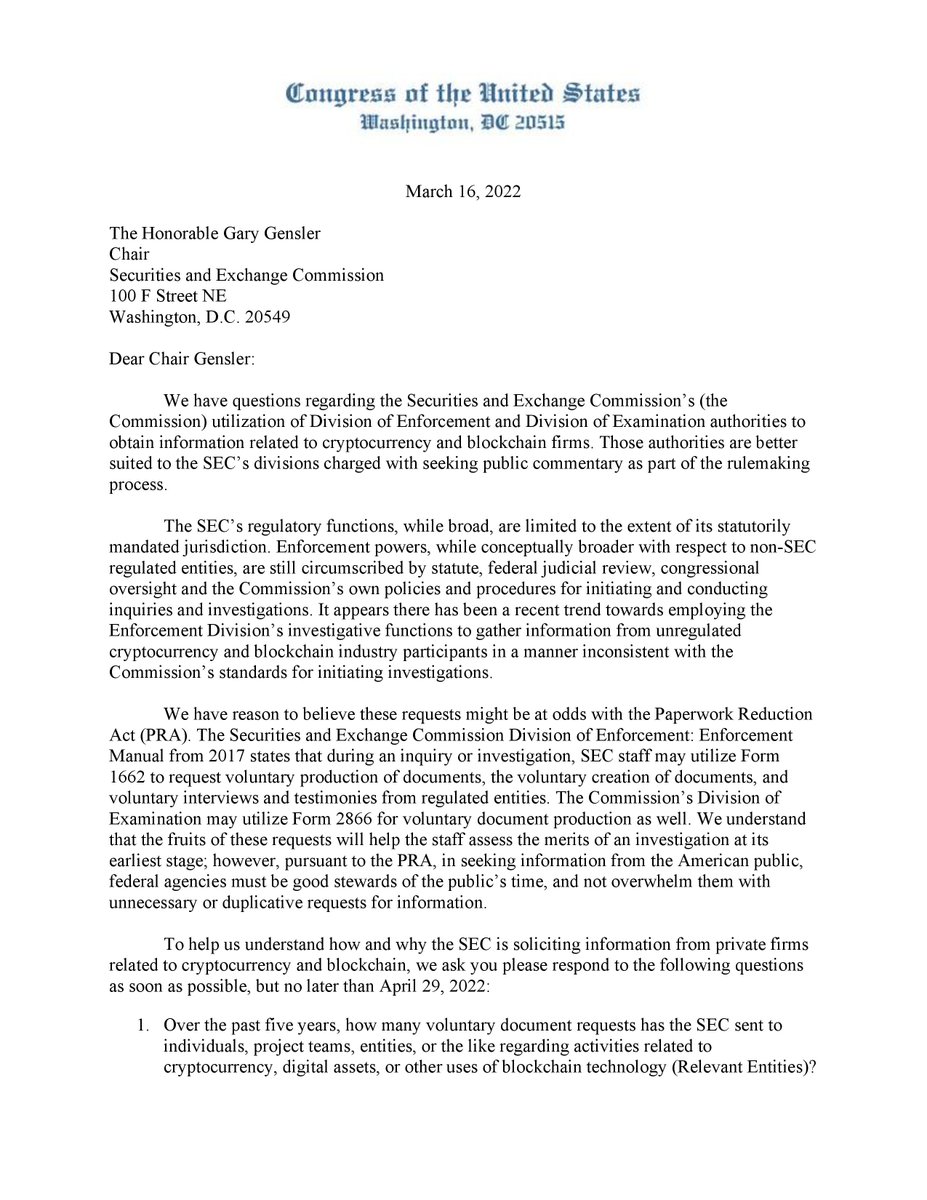 JUST IN: 8 U.S. Congressmen sent SEC Chair Gensler a bipartisan letter regarding the SEC's #bitcoin &amp; crypto reporting requests, citing its "stifling innovation."